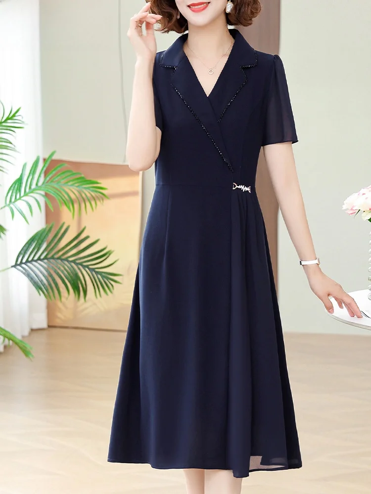 Faionable Summer Dr for Mom Mid-aged And ly Women Midi Length ort Sve Chiffon Skirt Loose Fit V-ne Polyester...