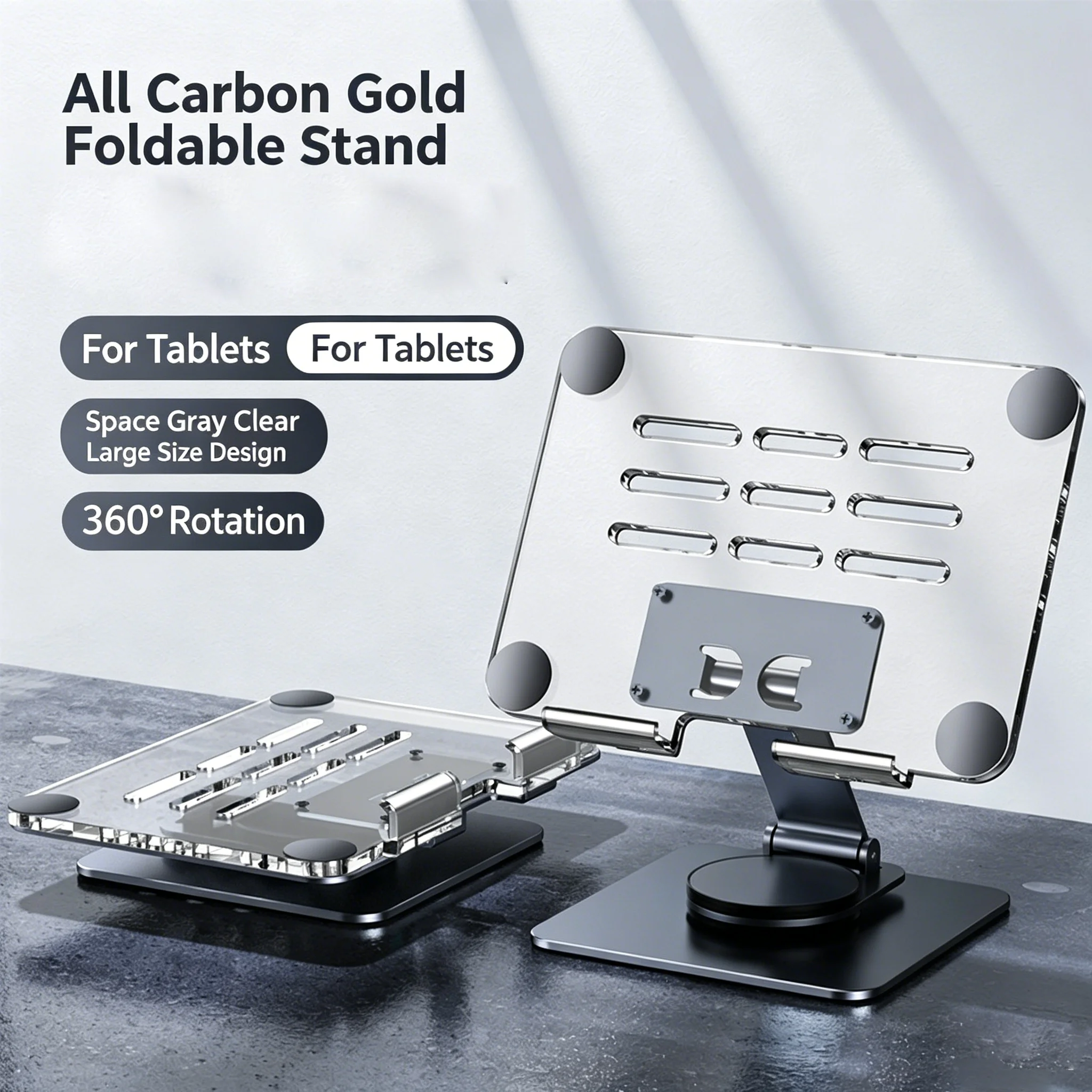 

Rotating Tablet And Smart phone Stand Durable Carbon Steel Construction Aluminum Desktop 360° Adjustable Angle, Foldable Design