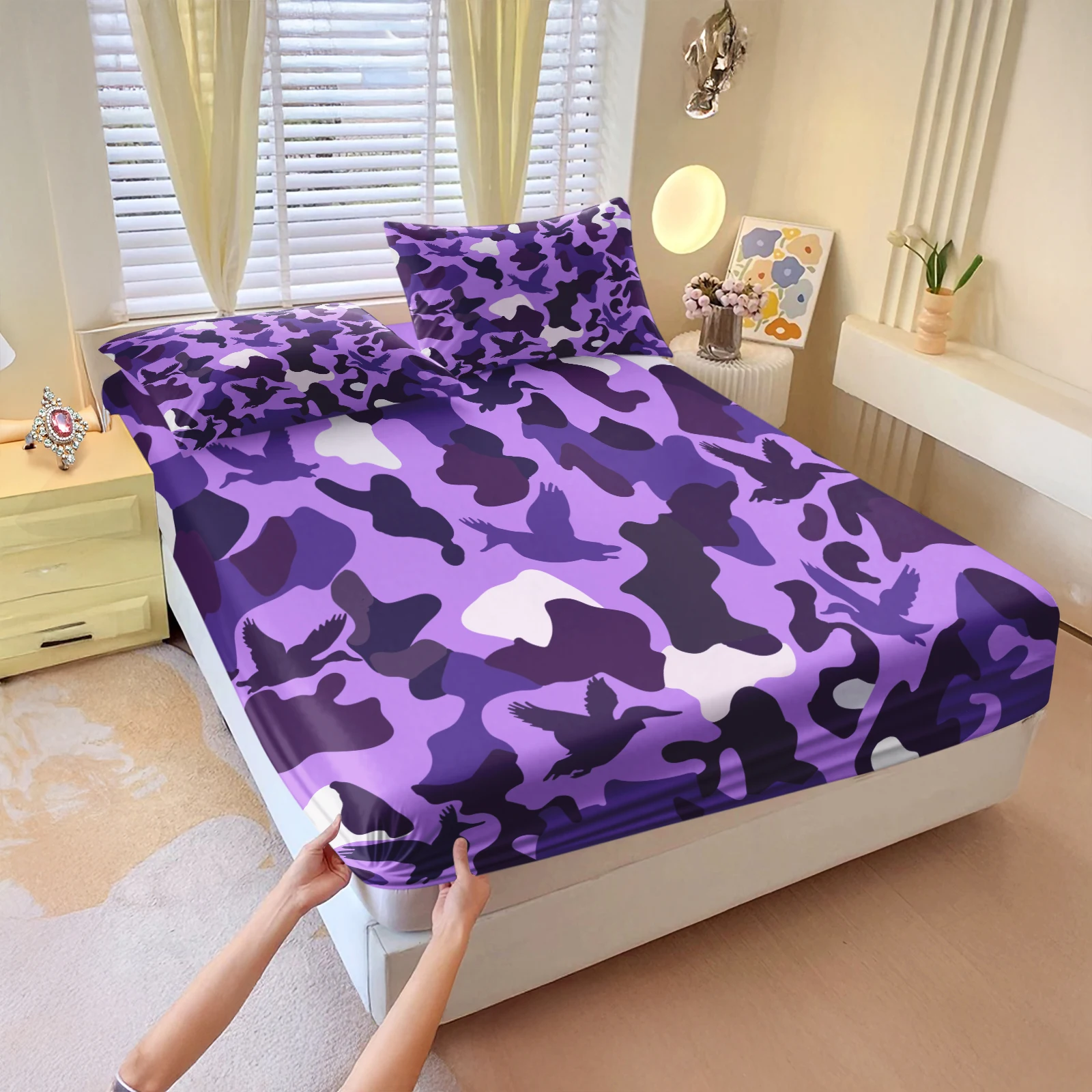 Fashion Purple Duck Camo Print Fitted Bed Sheet Set Stretch Deep Pocket Mattress Cover Bedding Pillow Cases Hunting Camouflage