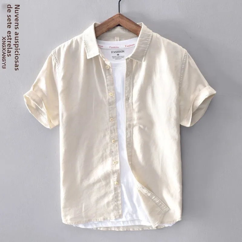 Camisa Casual Estilo Japonês em Linho e Algodão, Ajuste Solto, Manga Curta, Camisa de Verão Masculina, Edição Padrão para Qua...