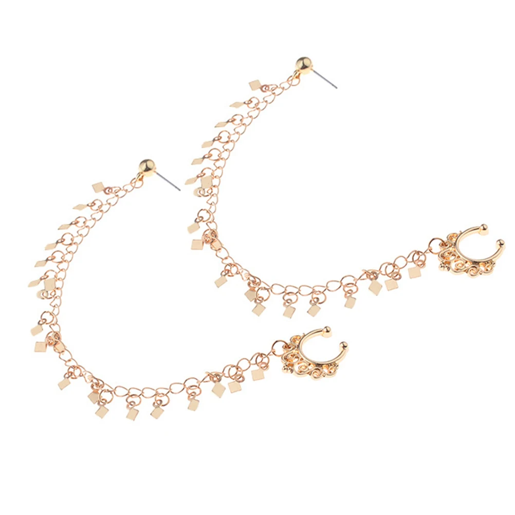 2 Pcs Rhombus Earrings Geometric Drop Nose Tassel Piercing Jewelry Punk to Clip