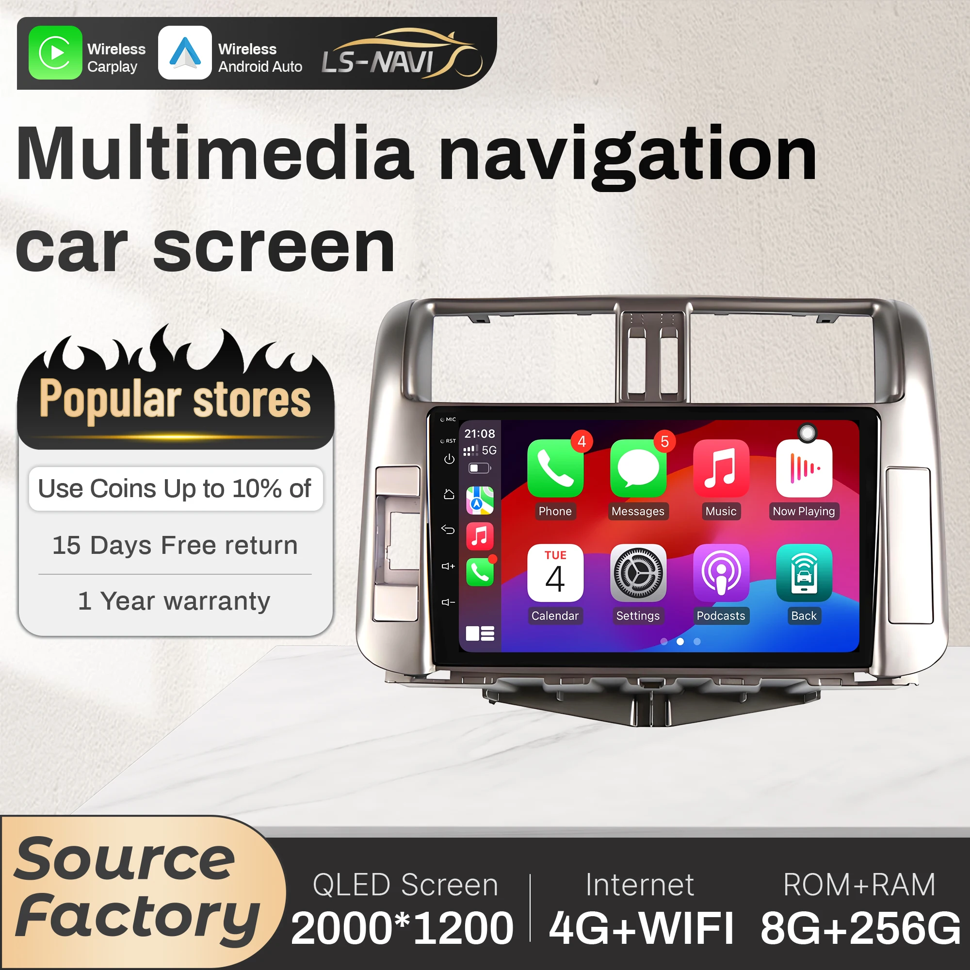 

9-дюймовый автомобильный радиоприемник для Toyota Land Cruiser Prado 150 2009-2013, головное устройство, 4G, беспроводной Bluetooth CarPlay, сенсорный экран, стерео