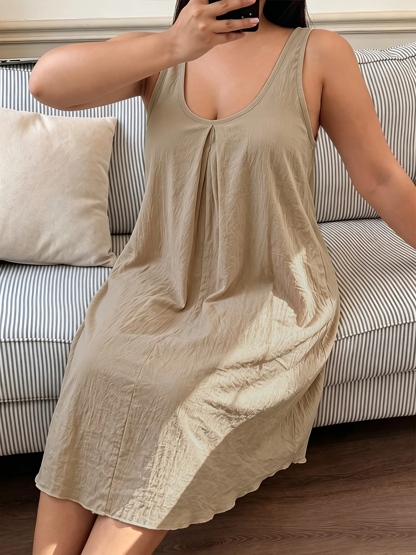 Women's Plus Size Sleeveless Nightdress​ U Neck Pleated Detail Comfy Sleep Shirt for Summer