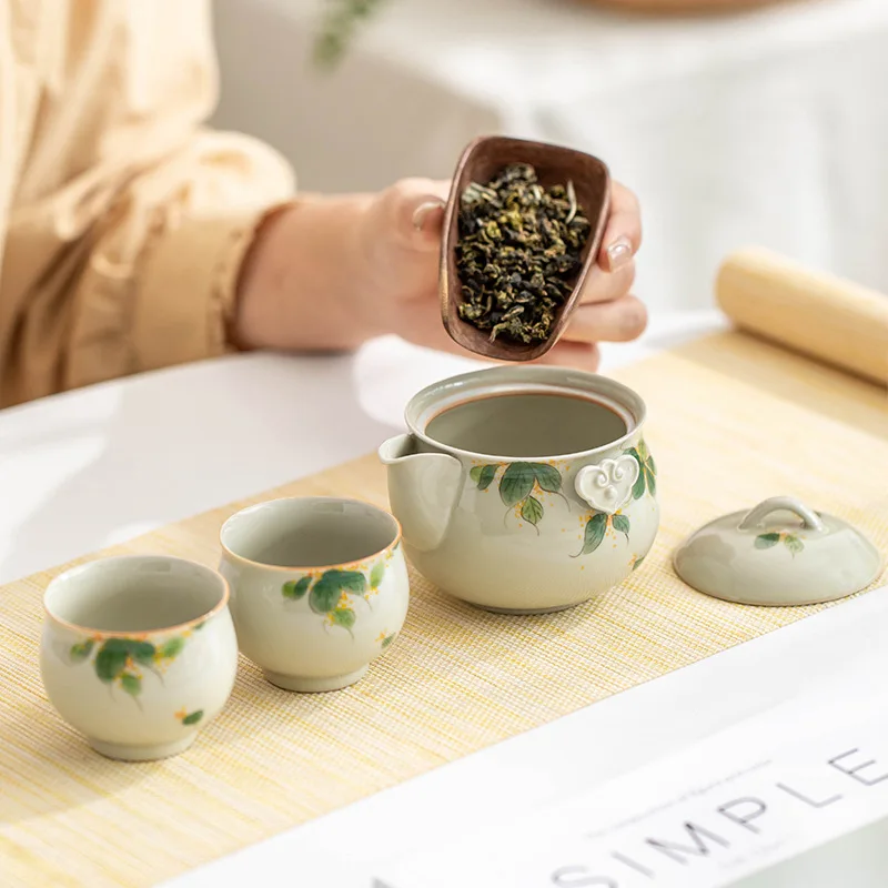 Hand-Painted Osmanthus One Pot Two Cups Travel Portable Ceramic Kung Fu Tea Set Teapot Set Handheld Teapot Tea Cup Tea Brewing P