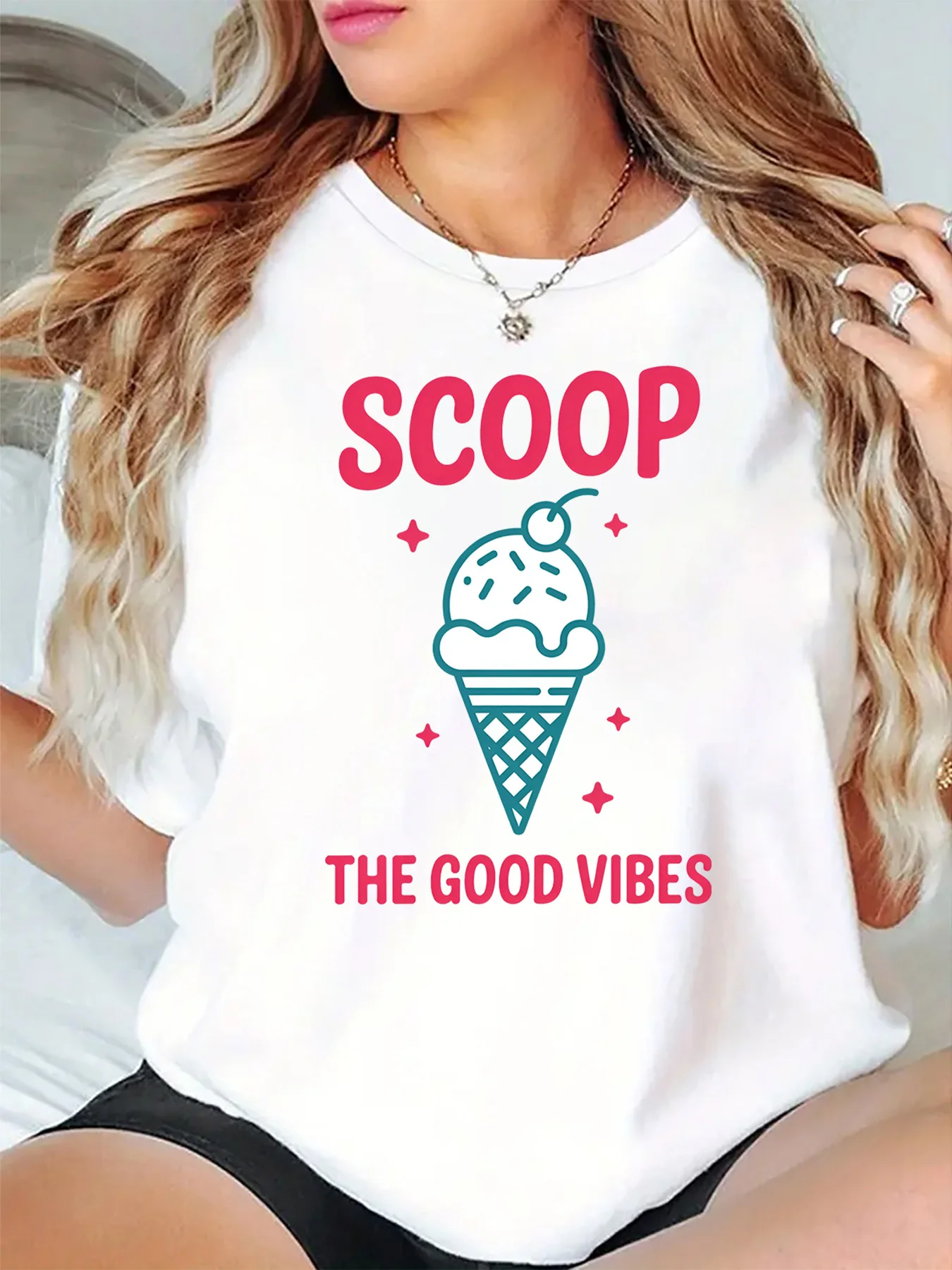 Scoop The Good Vibes Ice Cream Cone Graphic Womens T Shirt Short Sleeve Crew Neck Summer Vibe Casual Daily Ladies Tee Tops