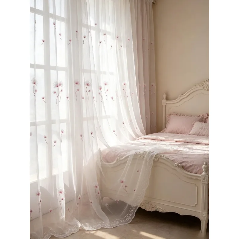 Modern Pastoral Small Fresh Embroidery Pink Sweet Dandelion Embroidery Curtains Living Room Bedroom Balcony Blackout Curtains