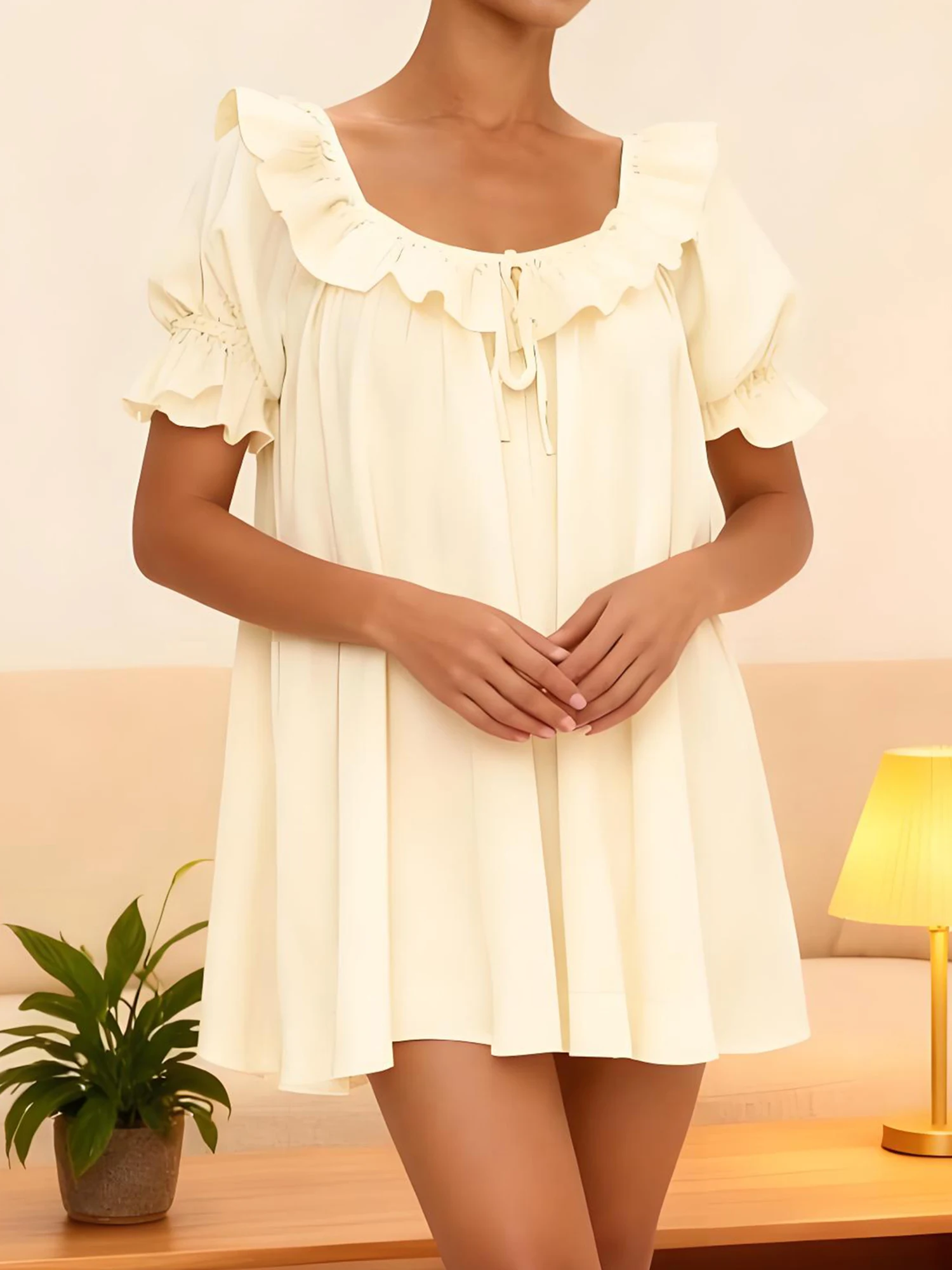 Vestido de maternidad elegante con cintura imperio y detalle de encaje floral Vestido de embarazo hasta la rodilla de manga corta con cuello en V