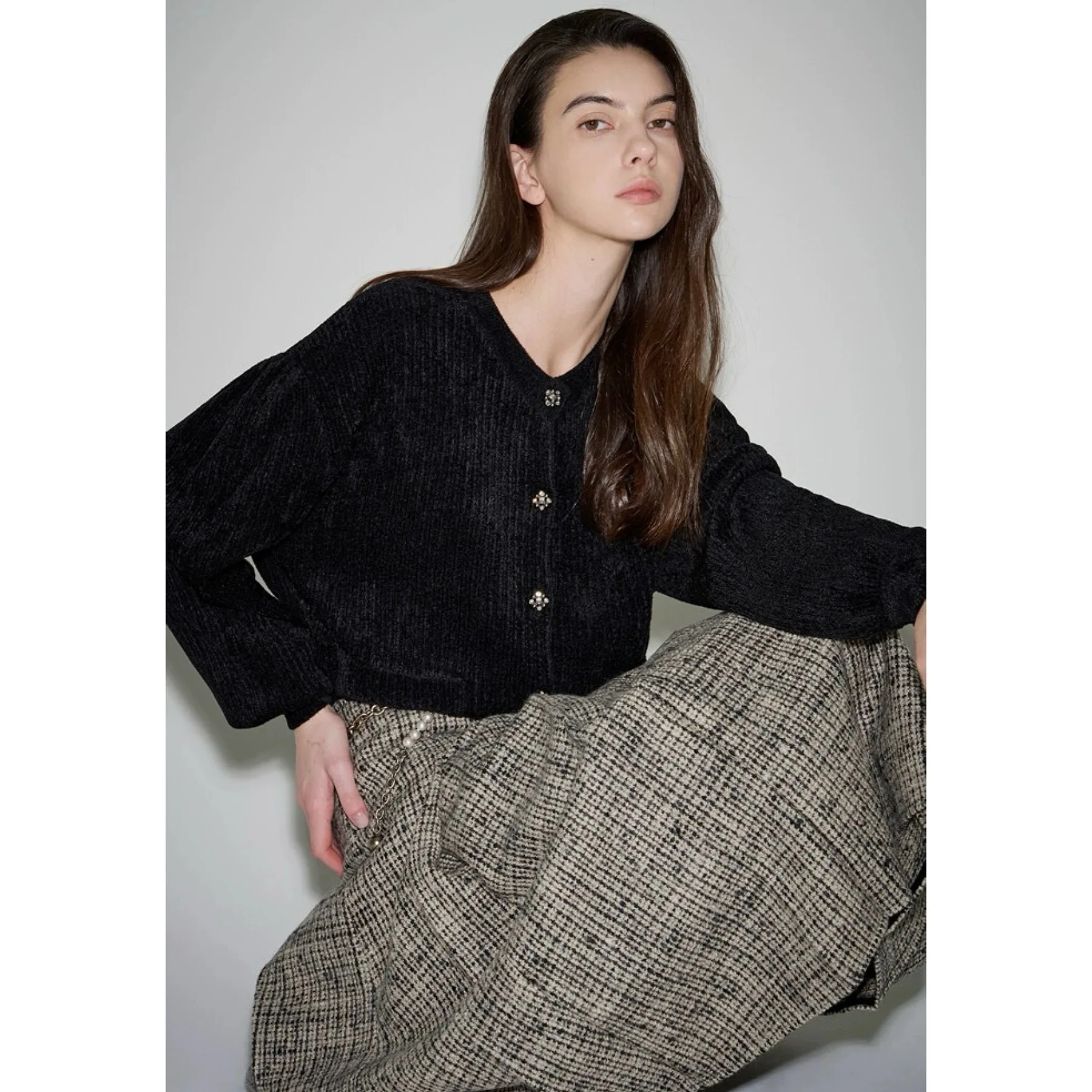 

Lemon Cheese LAN25 Winter Velvet Knitted Cardigan round Ne Pleated Woolen Open-irt Sle Women's Loose Fit Long Sve