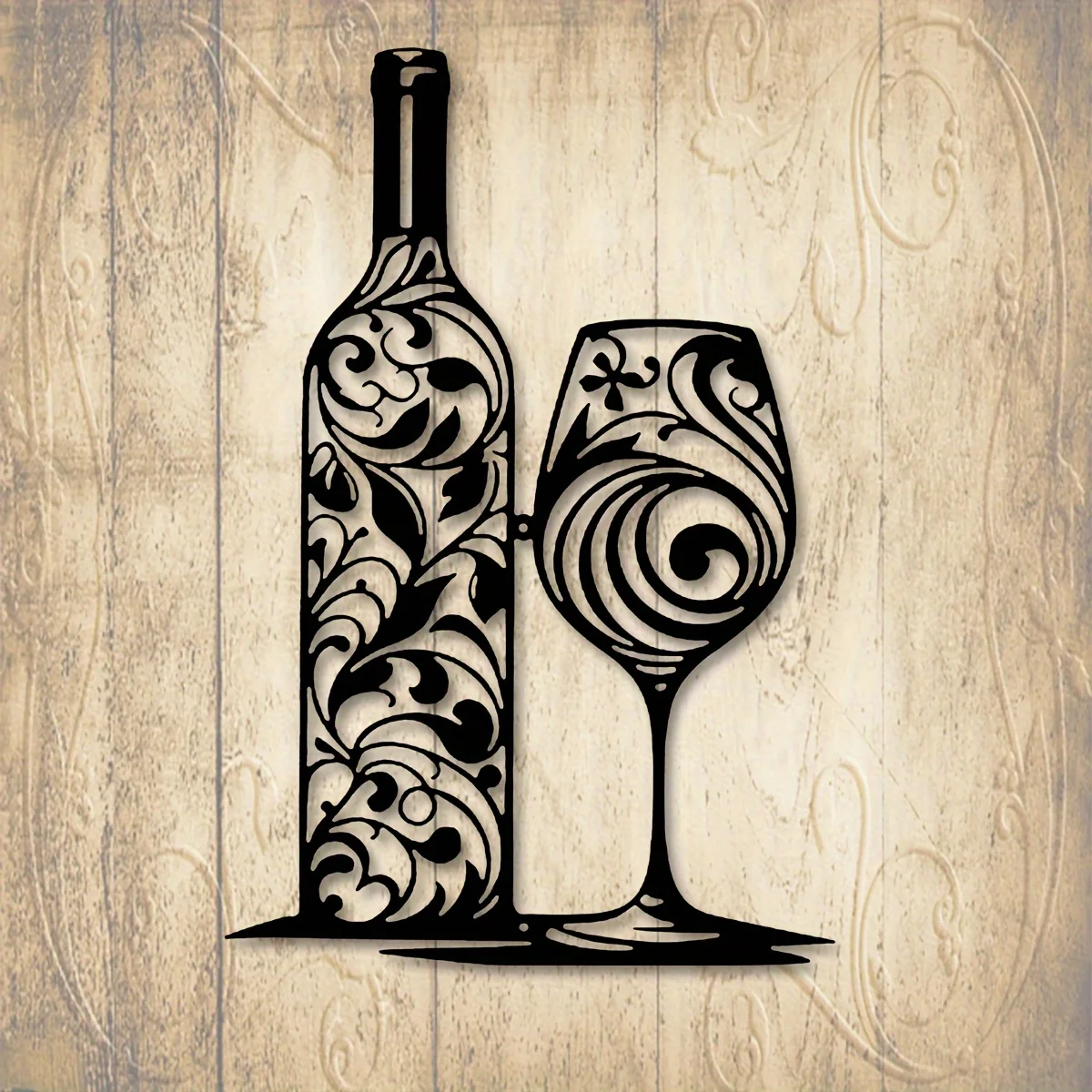 A Stylish Metal Wall Art Featuring a Wine Bottle And Glass with a Black Swirl Design - an Excellent Addition to for Home Bars