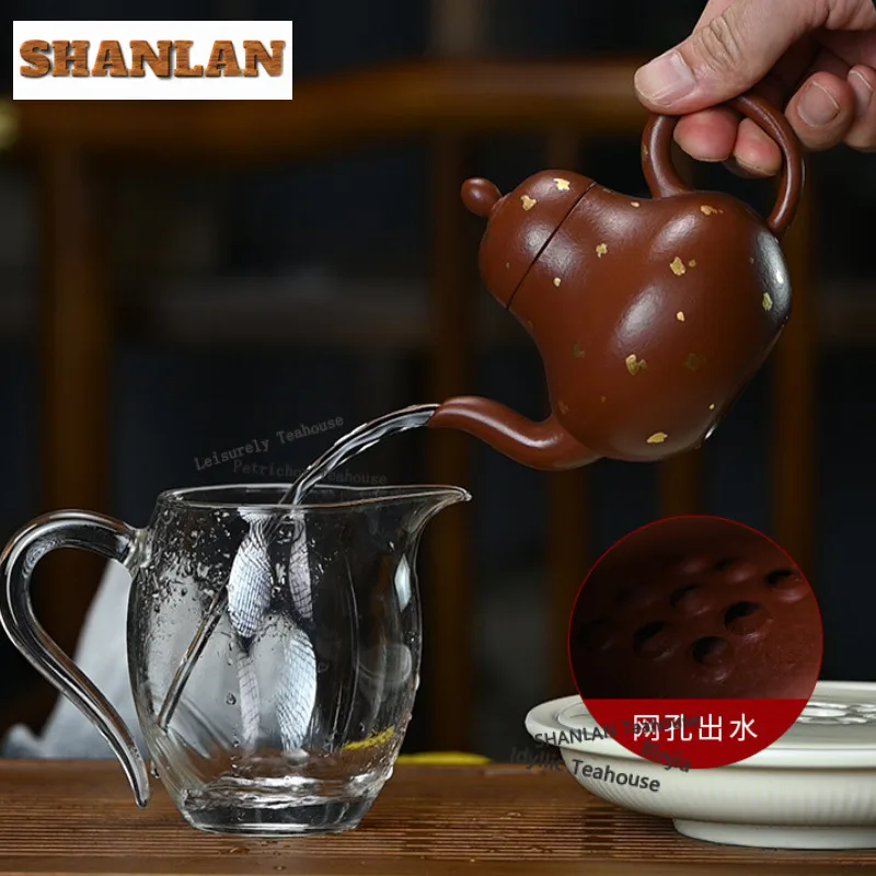 200ml Luxury Yixing Purple Clay Teapots Handmade Sprinkle Gold Siting Pear-shaped Pot Raw Ore Zhu Mud Kettle Zisha Tea Set Gift