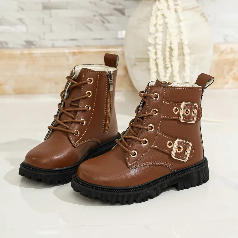 Girls Short Boots Handsome Boys Ankle Boots Non-slip Soft Bottom 2026 Autumn Winter Children Leather Boots Side Zipper