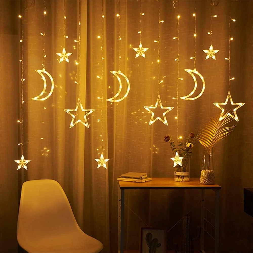 Imagem -02 - Christmas Moon Star Curtain Lights Janela Fairy String Lights Janela Interior Pátio Decoração do Quarto do Miúdo 220v 138 Leds