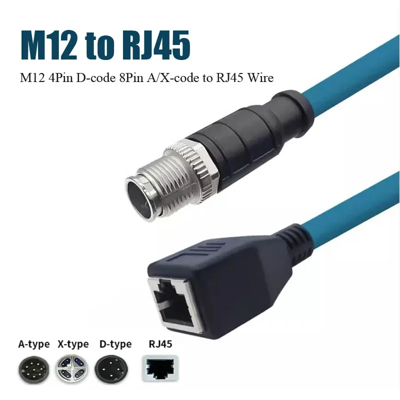 M12 to RJ45 Female Extension Cable 4pin/8pin A/D/X Type Male and Female Connector Industrial Gigabit Network Wire 0.5-30M