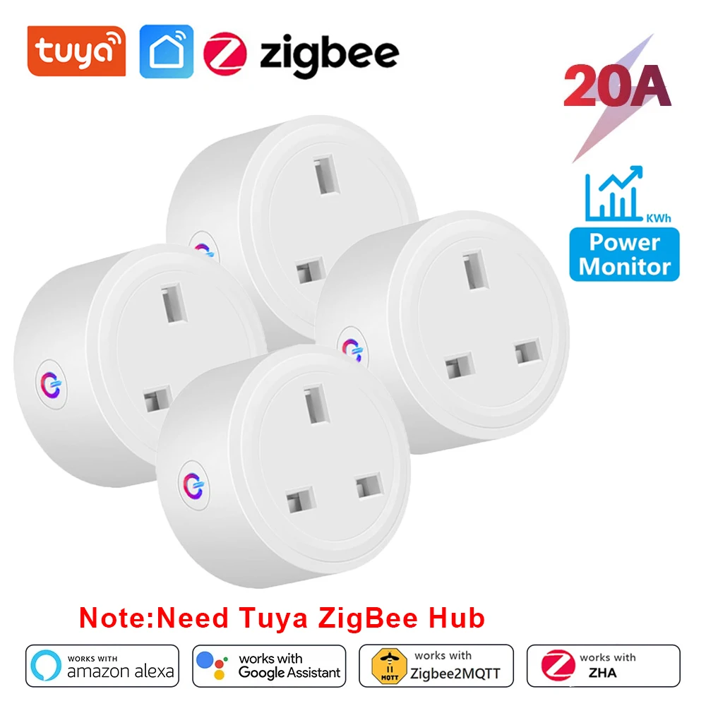 Умная розетка Tuya Zigbee 20A UK Smart Plug Монитор мощности Функция синхронизации Домашняя розетка Приложение Smart Life работает с Google Home Alexa