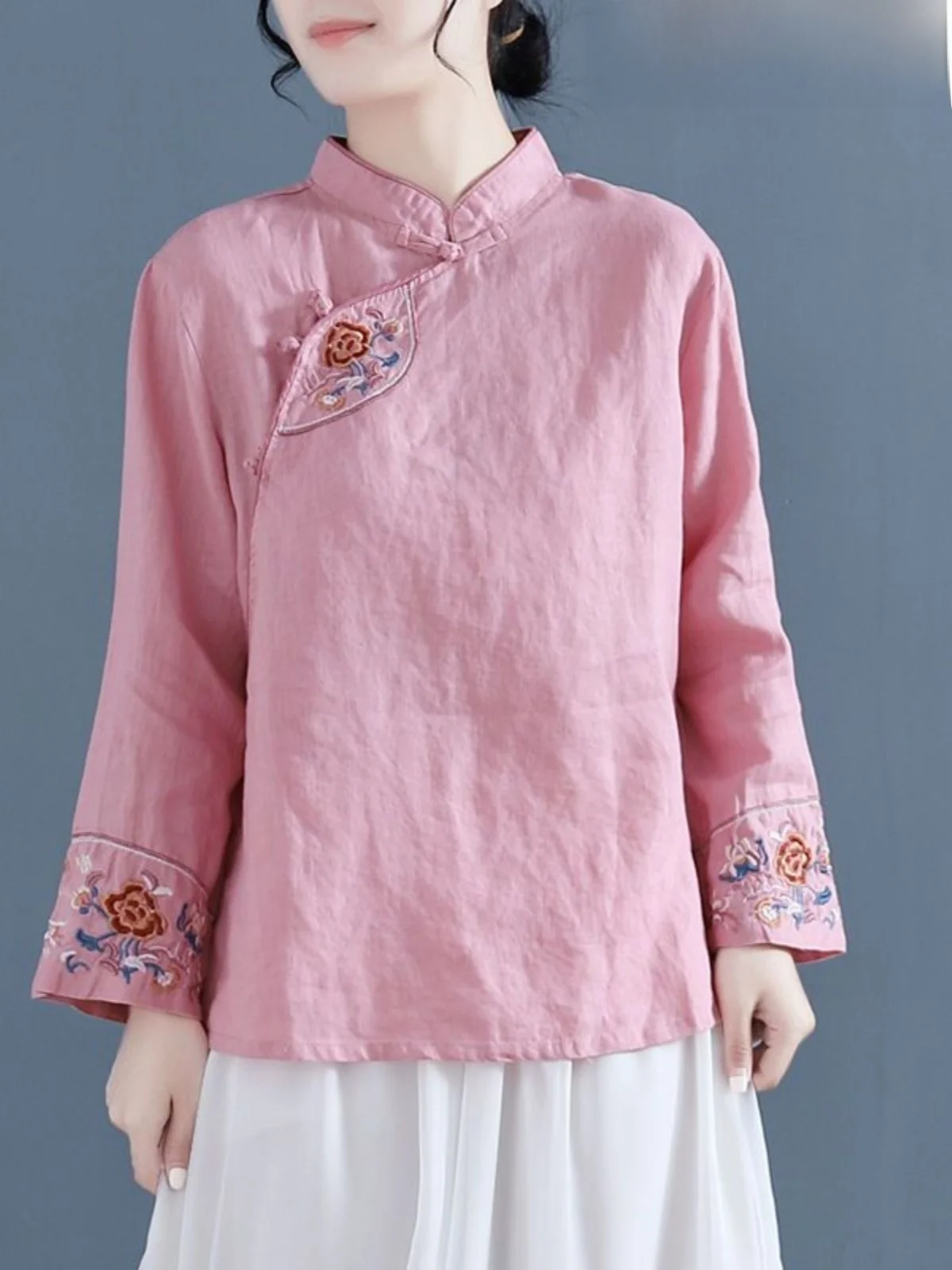 

Elegant Long Sleeve Cotton Linen Shirt Embroidered Ethnic Style Button up Women's Spring Autumn Vintage Side Buttoned Top
