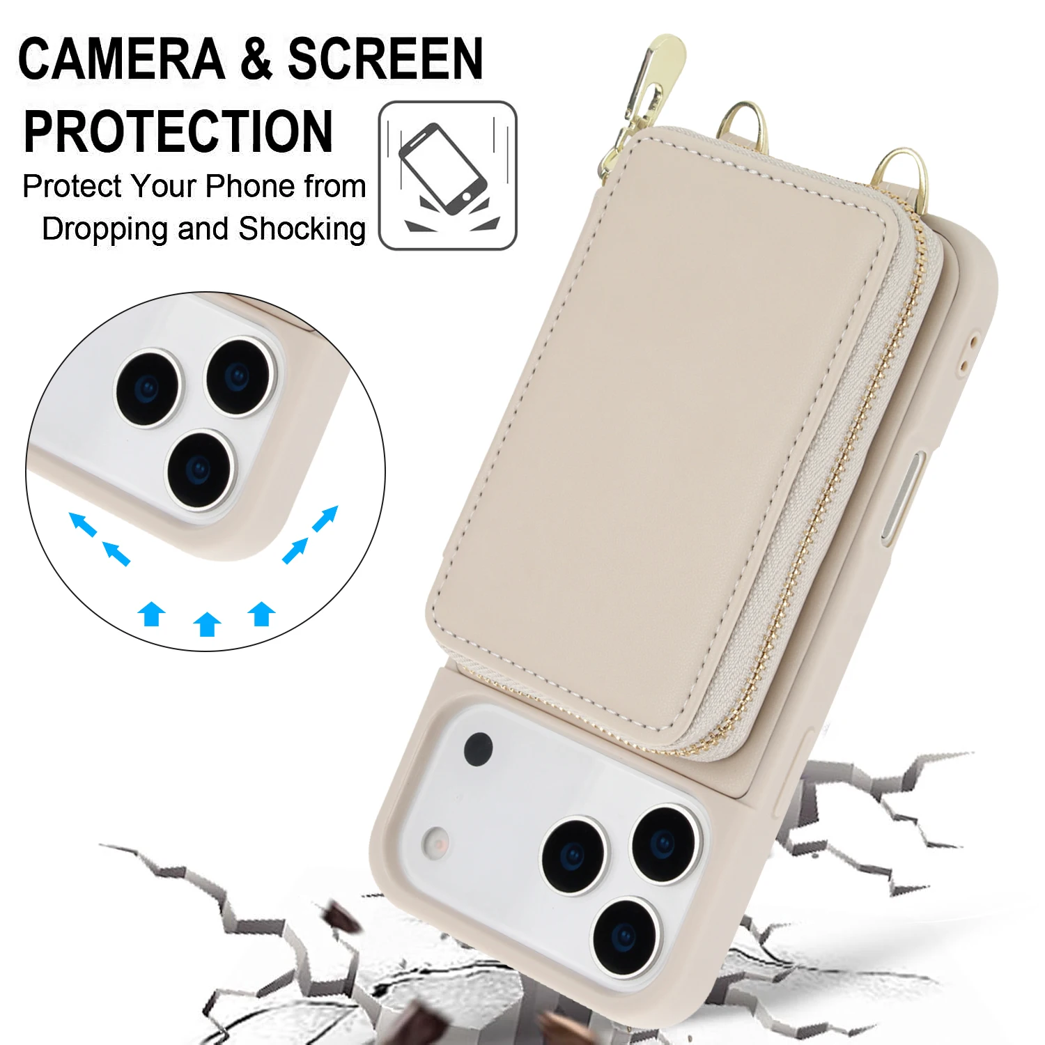Etui na telefon z klapką, skórzane, z przegródką na karty, zapinane na zamek, do noszenia na ramieniu, z kieszenią RFID i paskiem, do iPhone 17 Pro Max 16 Plus 15 14 13 12 11 — zdjęcie produktu 3