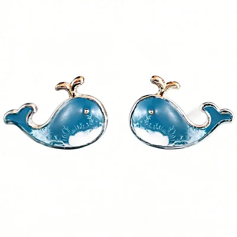 Huitan Women Cute Blue Dolphin Enamel Stud Earrings for Daily Party Fancy Metal Accessories Animal Fresh Style Jewelry Lady Gift