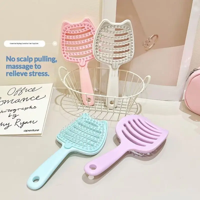Cute Cat Ear Detangling Hair Brush Self Cleaning Design Soft Massage Bristles For Daily Hair Care Home Travel Use