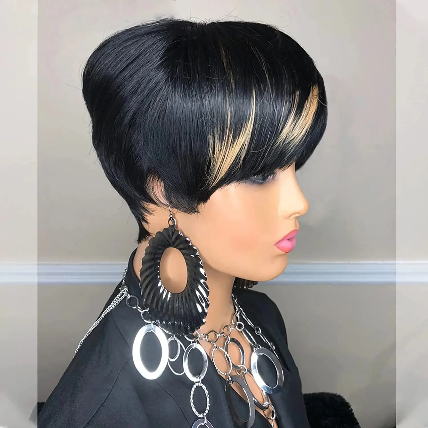 Ombre Black Honey Blonde Highlight Synthetic Pixie Cut Hair Style Short Straight Bob Wigs  Short Wigs With Bangs For Black Women