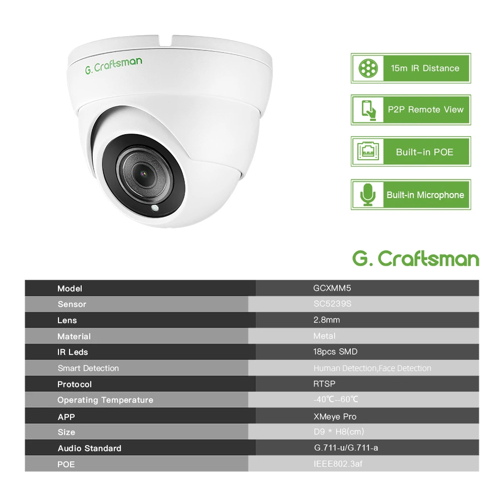 XMeye-Indoor CCTV Video Surveillance Security, Wide Viewing Angle, Infrared Onvif, M 2.8mm, 5MP, POE