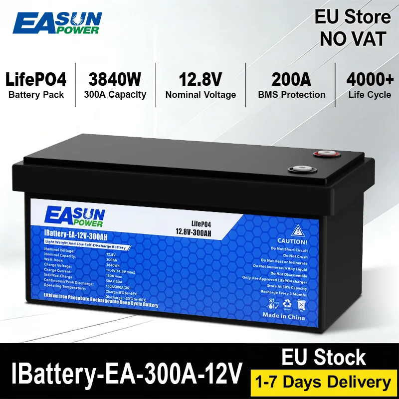 Batterie Easun LifePO4 300Ah 3840W 12V 12.8V Grade A avec BMS, parallèle et personnalisable, durée de vie +4000 cycles, stock Pologne pour usage domestique