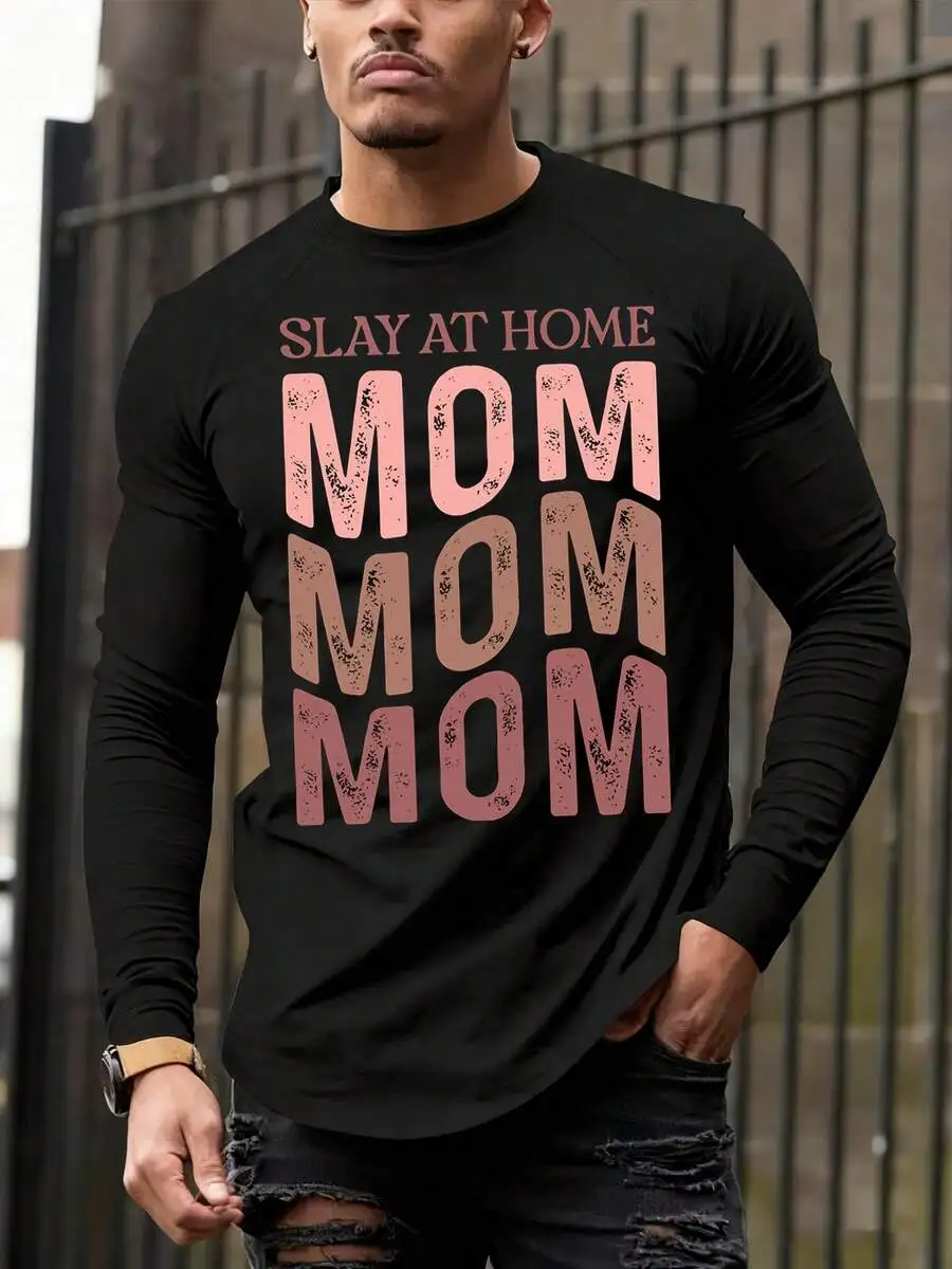 

Mens Long Sleeve Graphic Tee Slay At Home Mom Distressed Print Casual Cotton Blend