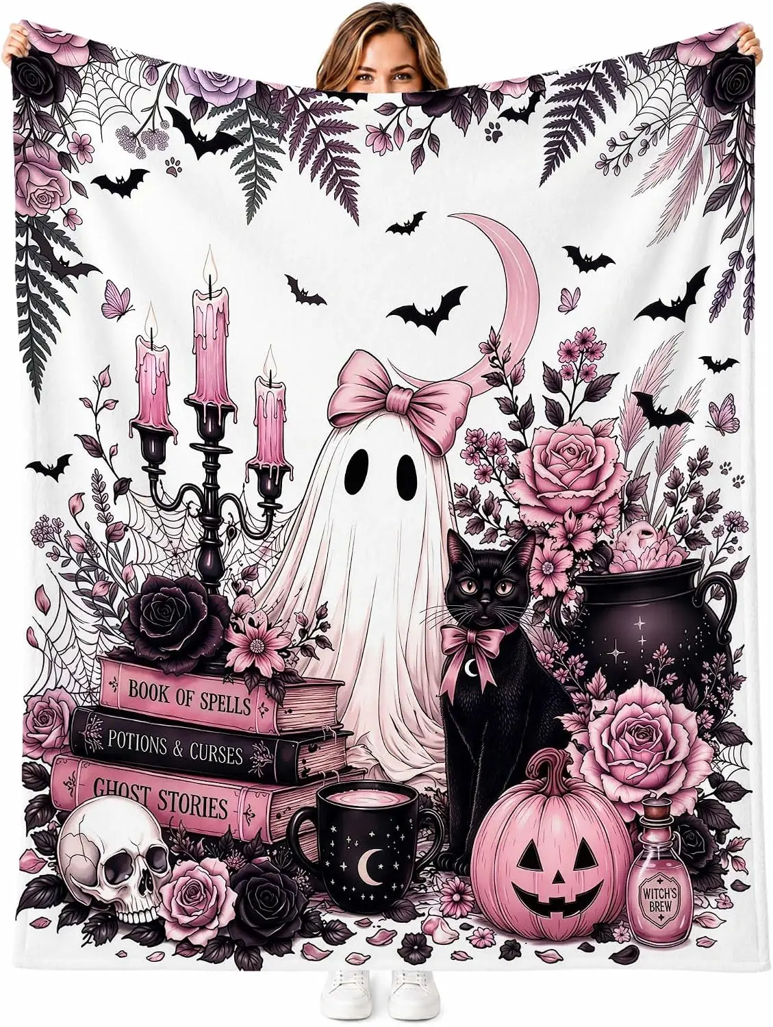 Pink Halloween Ghost Flannel Blanket Cat Pumpkin, 50 x 60 inch |   Soft flannel blanket with pink ghost black cat and pumpkin design for sofa reading and travel as a fall present for women