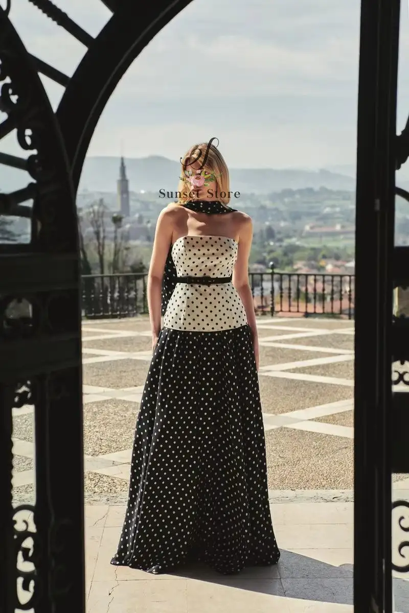Customized Polka Dot Print Maxi Dress with Belt Strapless A Line Wedding Guest Outfit Contrast Color Retro Prom Gown