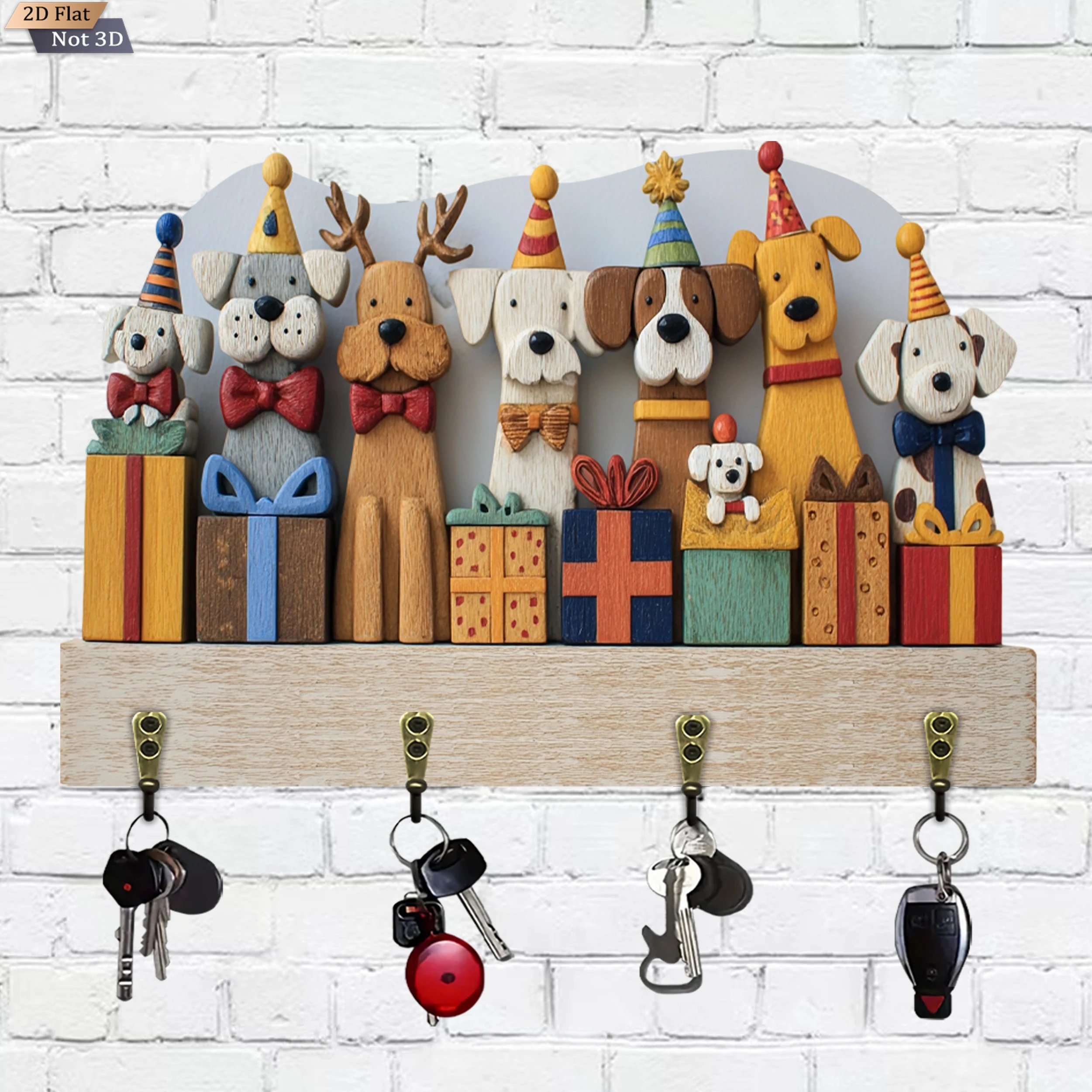 2D Cute Colours Dog Holiday Dog Wooden Multi-Functional Home Key Holder with Four Hooks, Wall  Porch  Room  Villa Decora Gifts