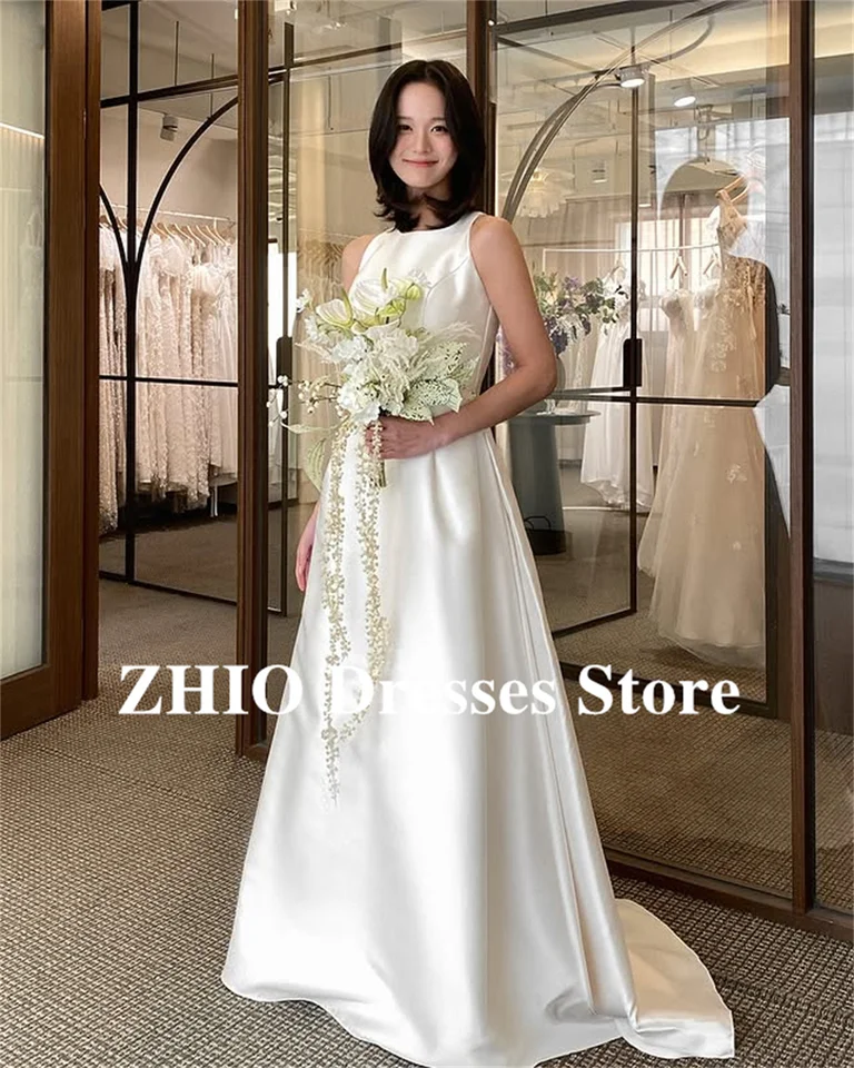 korean satin wedding dress Korean Style Satin silk ballgown wedding dress with Crystals and Beading, Off-Shoulder and Lace-Up Back