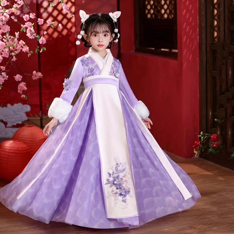 

Высокое качество, новое зимнее плотное теплое детское стеганое платье ханьфу для девочек, детский костюм Тан, 2026 год, костюм китайского новогоднего цвета