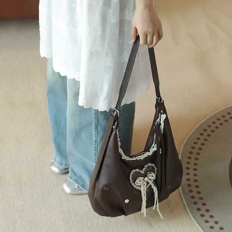 Retro Harajuku Style Brown Lace Button Tote Bag Women Romantic Heart Bow Handbag Ladies Leather Large Capacity Crossbody Bag New