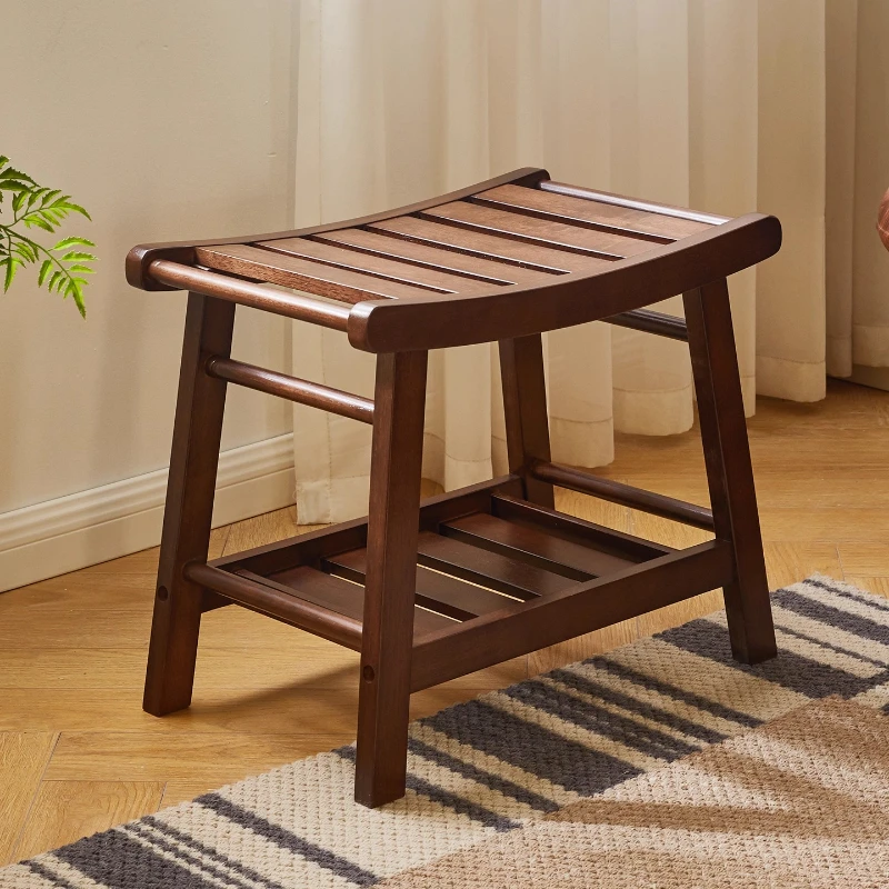 Solid Wood Step Stool Anti-Tip Entryway Shoe Changing Ottoman Compact Footrest Bench Living Room