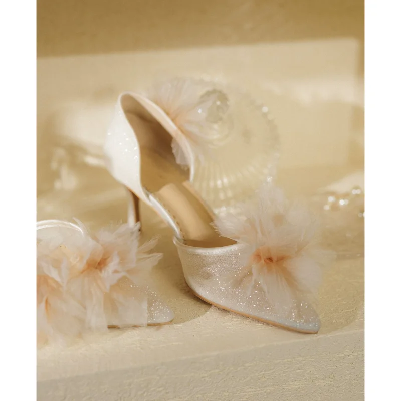 Spring and summer new pointed hollow mesh sequins flower low heeled wedding shoes banquet small size high-heeled women's sandals