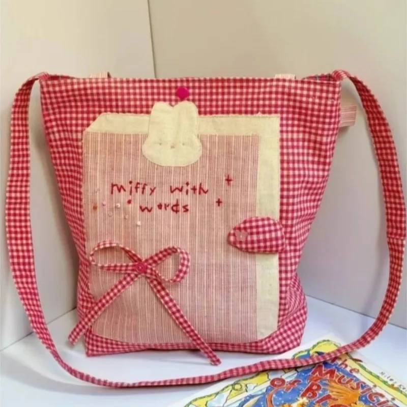 

Sweet Cute Cartoon Rabbit Tote Bag Women Color Block Plaid Canvas Large Capacity Shoulder Bag Ladies Harajuku Bow Crossbody Bags