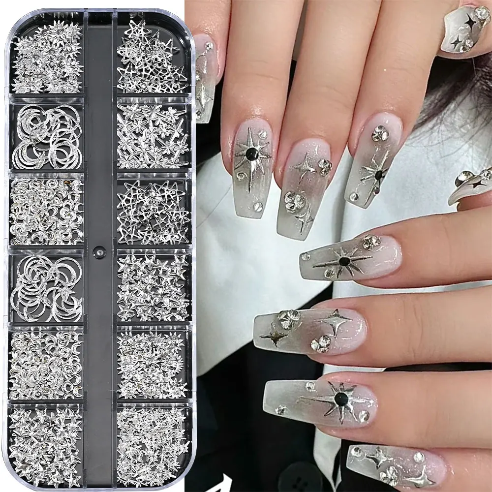 12Grids Silver Gold Star Moon Metal Rivet 3D Nail Charms Mixed Metallic Sun Starlight Nail Studs DIY Jewelry Manicure Decoration