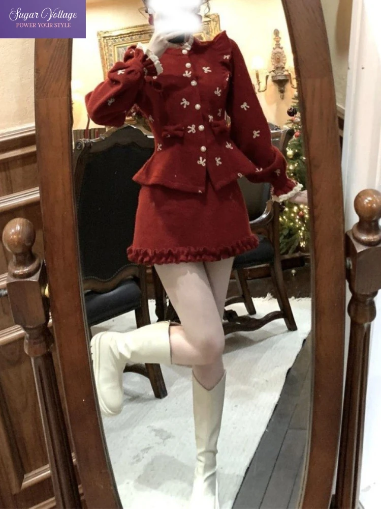 

Французский роскошный элегантный комплект из 2 предметов, женское пальто с красным бантом и вышивкой + плиссированная юбка, Рождество, Новый год, шикарный модный повседневный наряд