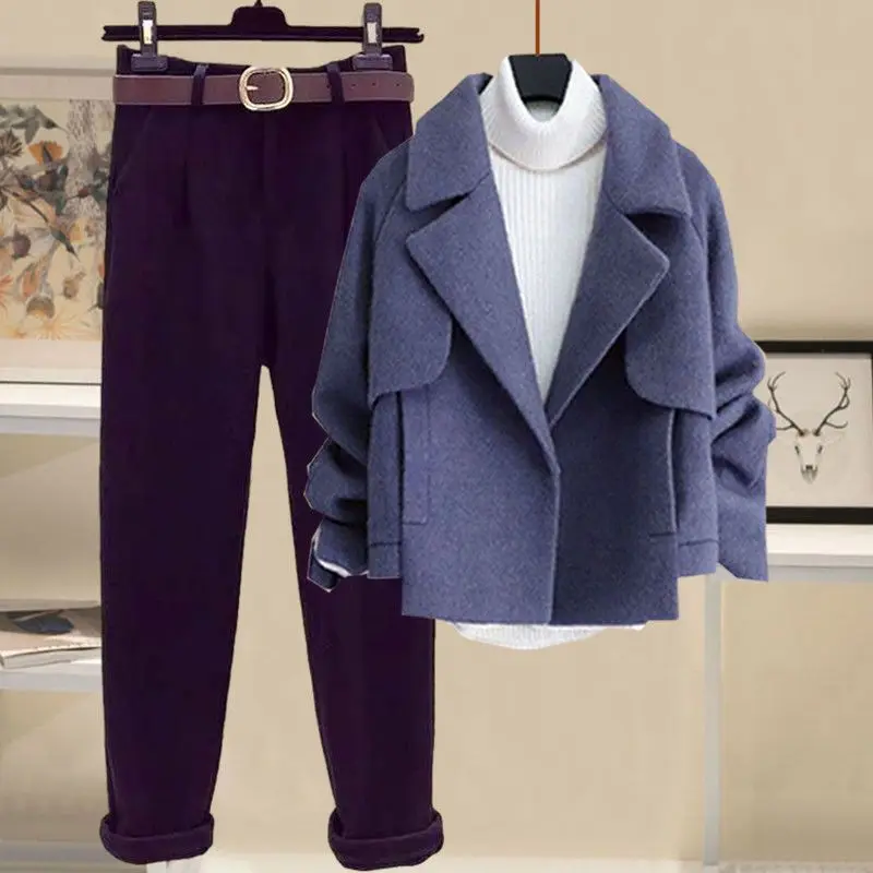 Autumn and Winter Woolen Cardigan Jacket+half High Collar Thickened Bottom Sweater+slim Fitting Woolen Pants Three Piece Set