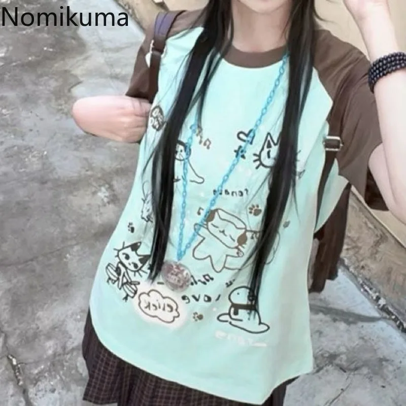 Japanese T Shirts Women Clothing Sweet Contrast Color Summer Tees Casual Fashion Camisetas Anime Print Cute Oversized Tshirt