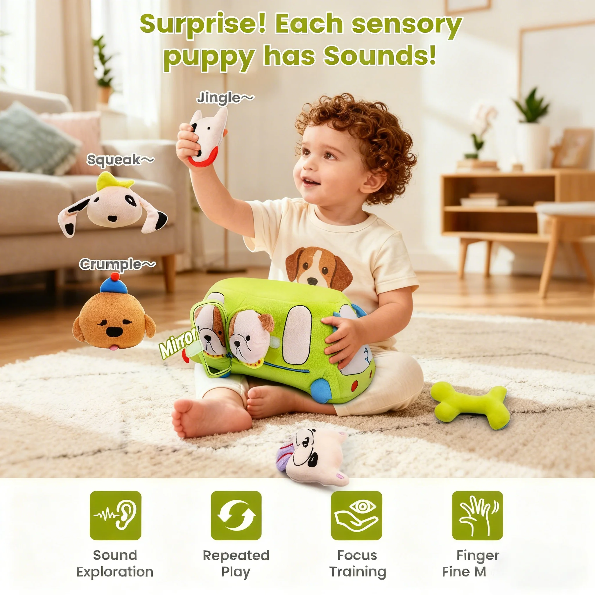 ألعاب مونتيسوري للأطفال بعمر 6 أشهر، حافلة ألعاب حسية مع جراء محشوة، خشخيشة، ورق مجعد، مرآة وصدر صوت #2