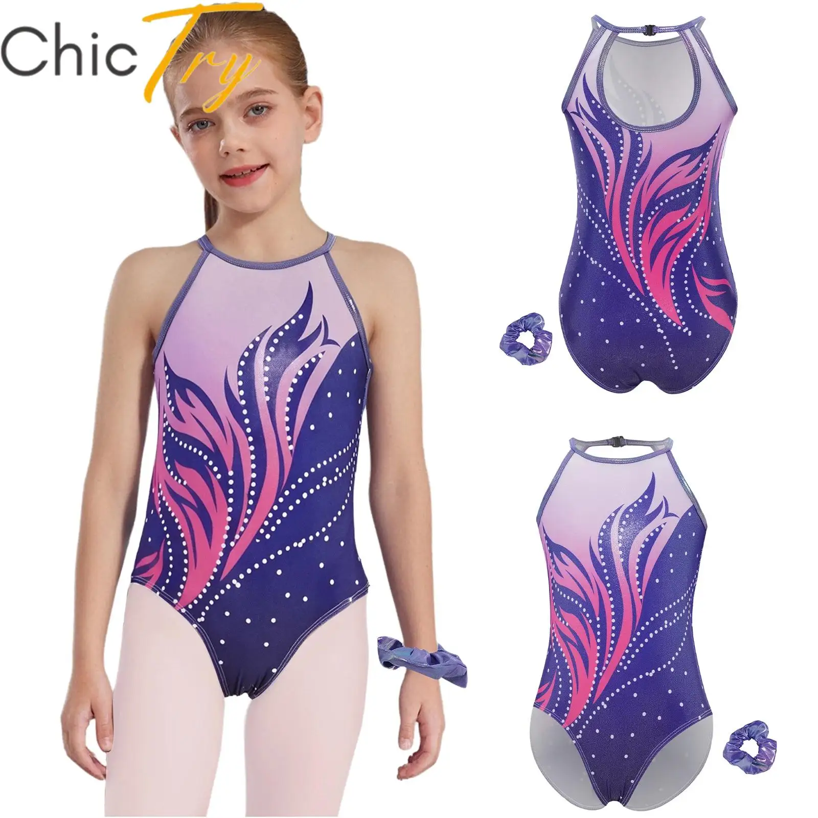 

Kids Girls Ballet Gymnastics Dance Leotard Metallic Bodysuit Sleeveless Keyhole Back Color Block Printed Unitard with Hairband