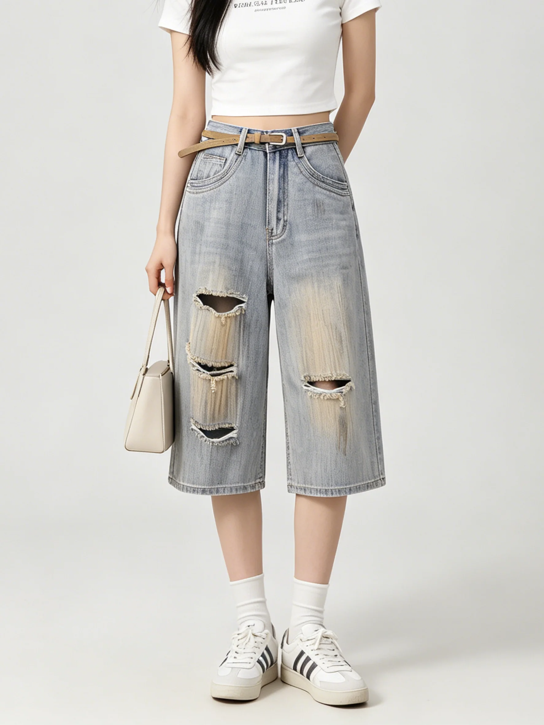 High Waist Wide Leg Denim Jeans American Washed Bamboo Fiber Pattern Vintage Hole Summer Skin-friendly Anti-aging Korean Style