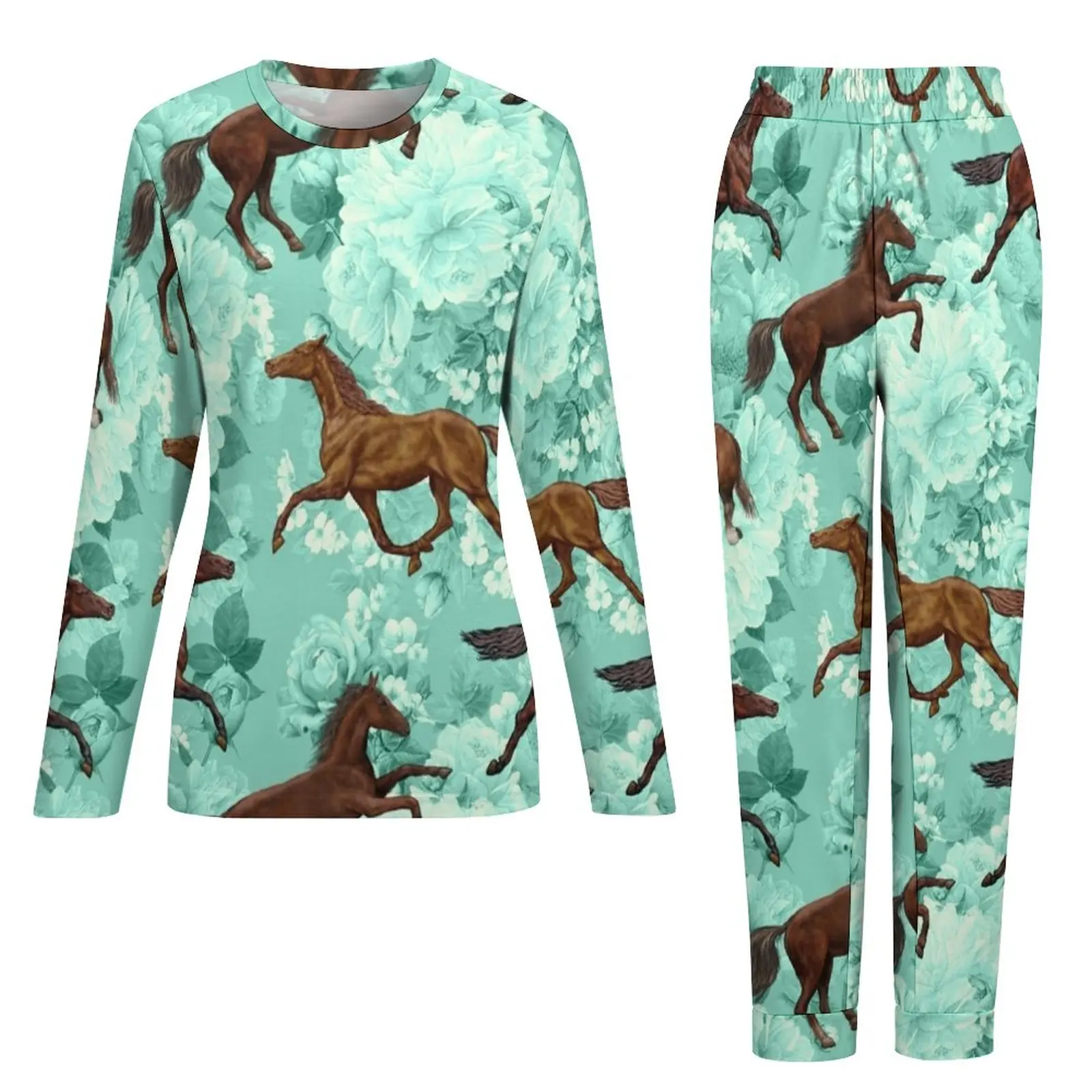 Cool Running Horses Pajamas Female Flowers Print Kawaii Sleepwear Spring 2 Pieces Aesthetic Oversize Pajama Sets