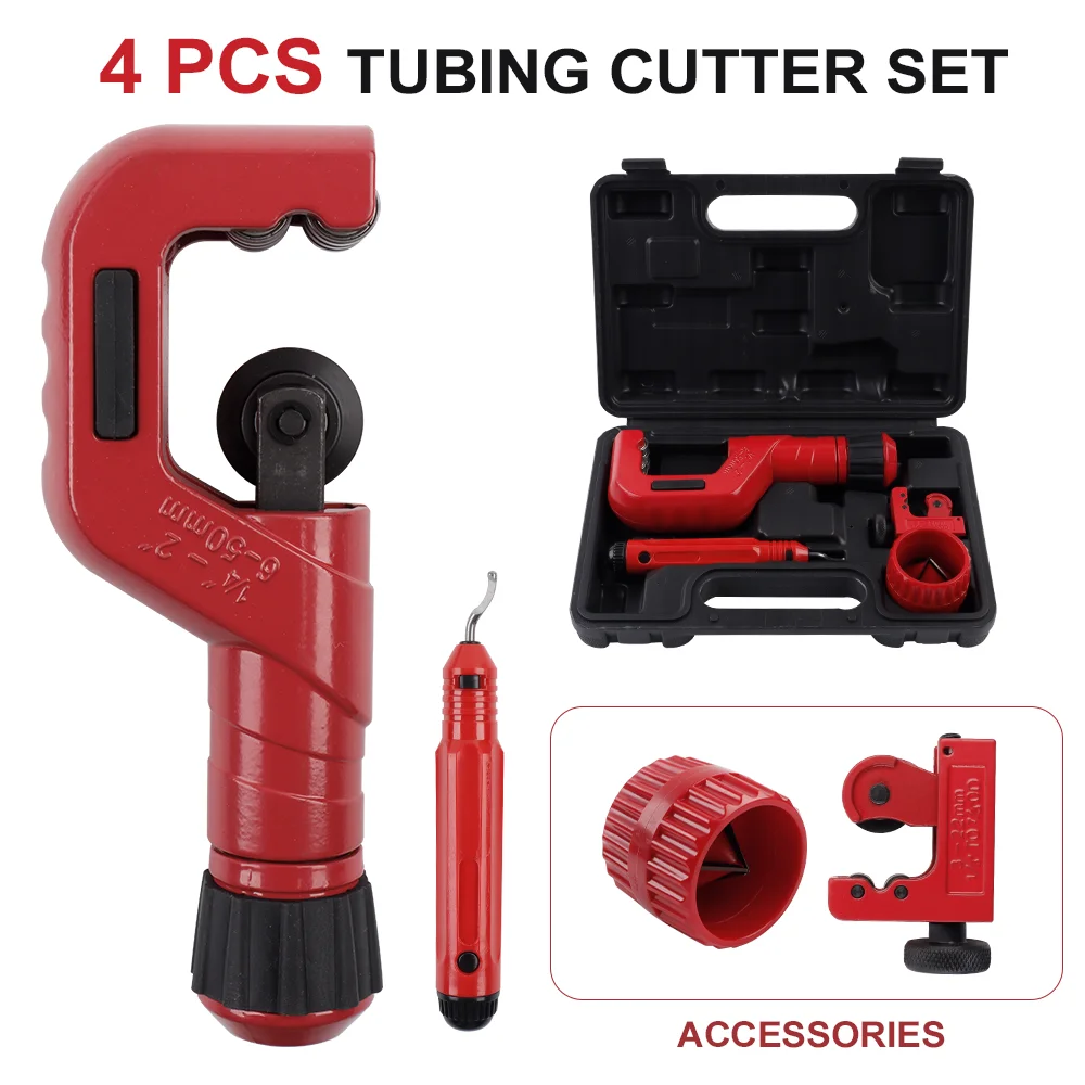 

Труборез с подшипниками 3-22 мм и 6-50 мм, с инструментом для снятия заусенцев и разверткой для труб, профессиональный набор трубореза для резки медных труб/нержавеющей стали/ПВХ труб/холодильного оборудования.