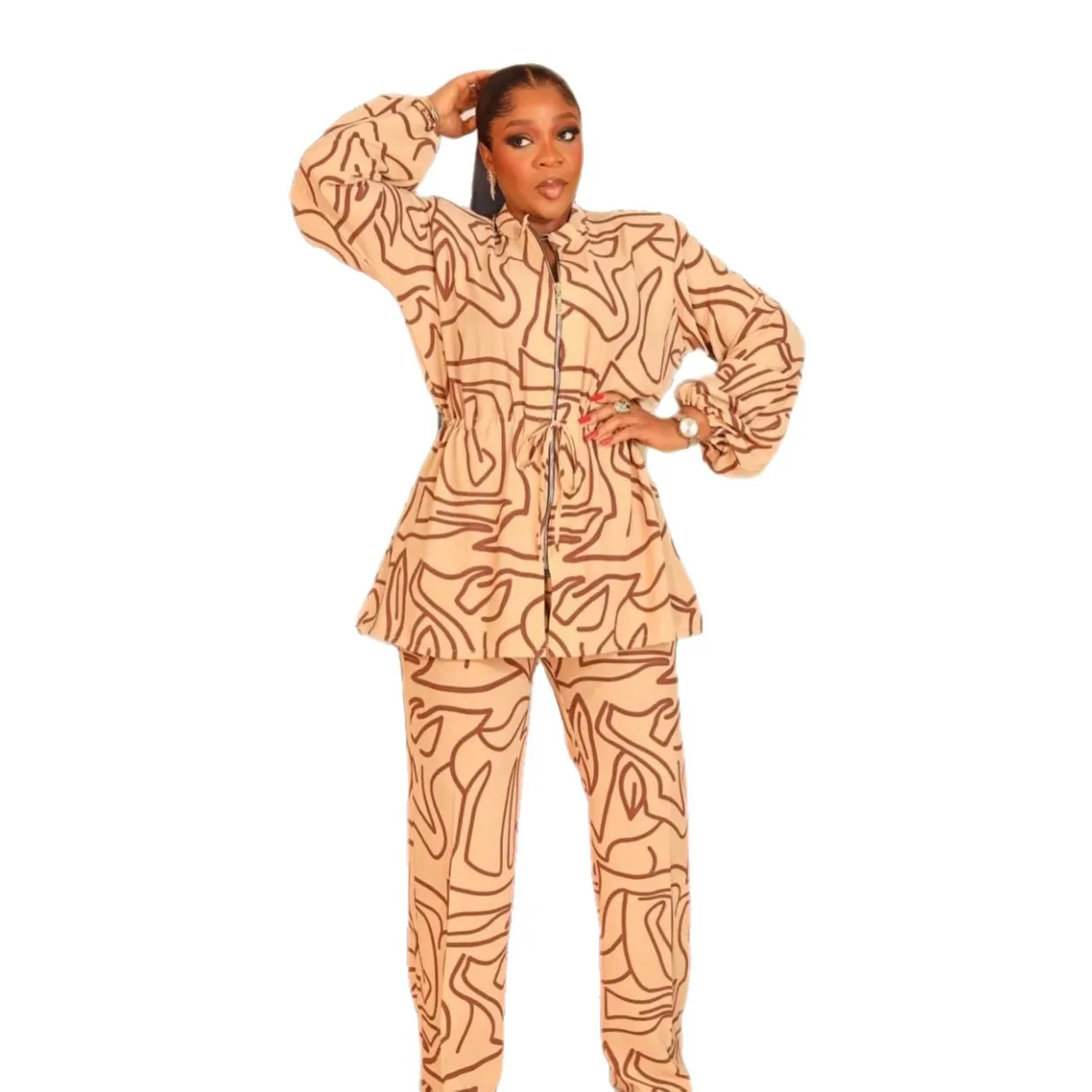 

Printing Two Piece Outfits Woman Fall Clothes Long Sleeve Zipper Drawstring Waist Top and Wide Leg Pants Matching Sets