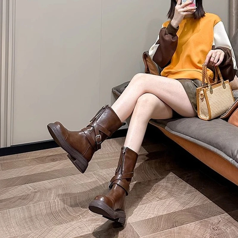 Women's Mid Calf Boots 2026 Fall Winter Retro Western Style Chunky Heel Fashion Ankle Booties Height Increasing