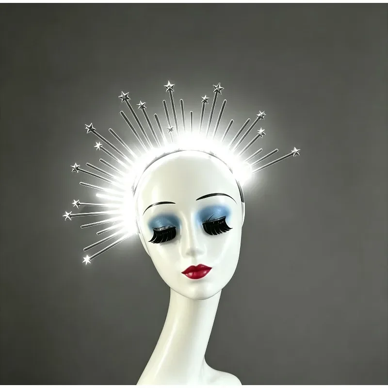 Light Up Sunburst Headband LED Halo Crown Gold Star Hair Accessory for Festival Rave Party Wedding Photoshoot