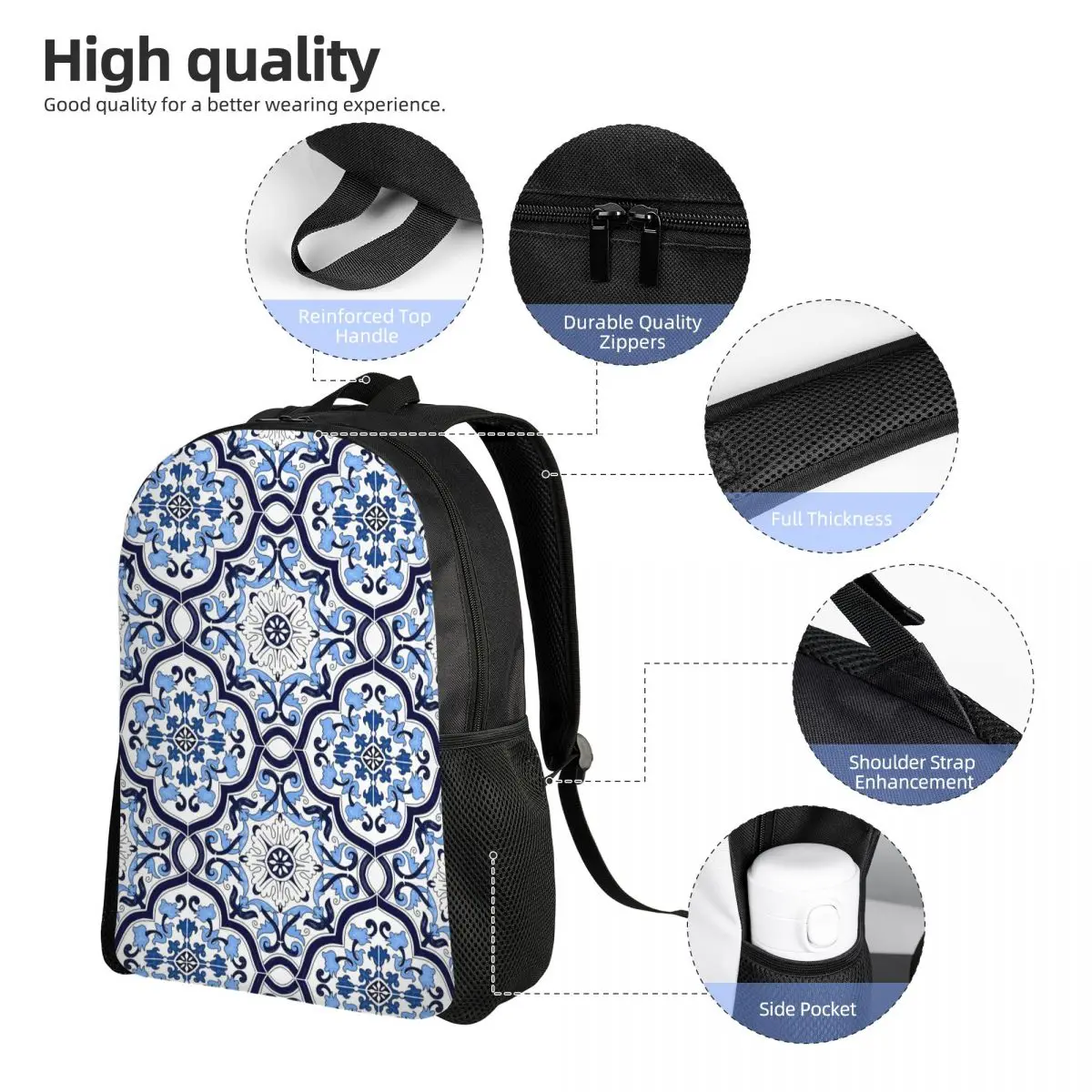 Mochila azul adornada floral mediterránea con azulejos sicilianos, mochila escolar, mochila de viaje para senderismo, mochila para niños y niñas, bolsos de hombro