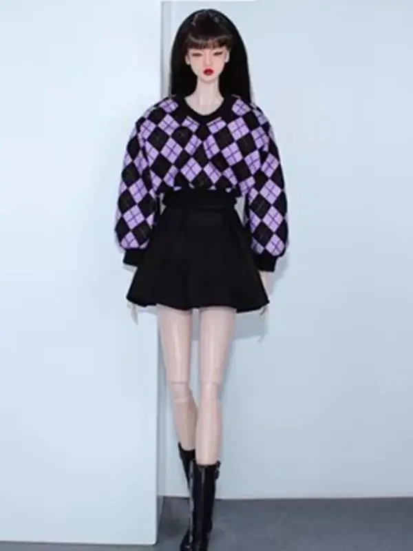 Fashion Purple Plaid 1/6 Doll Clothes Set For Barbie Outfits Shirt Black Skirt For Barbie Clothing 11.5