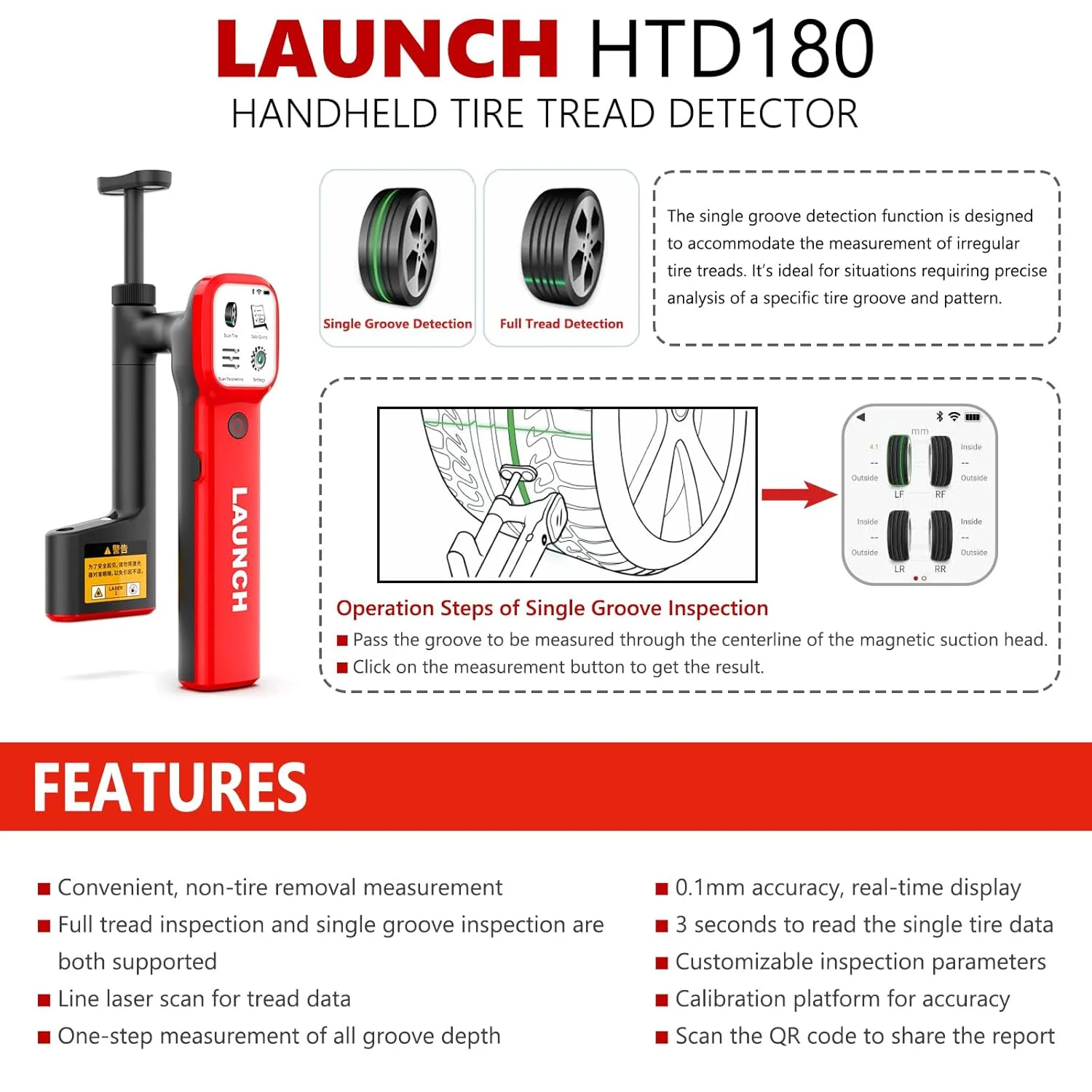 LAUNCH X-431 HTD180 Handheld Laser Tire Tread Depth Gauge High